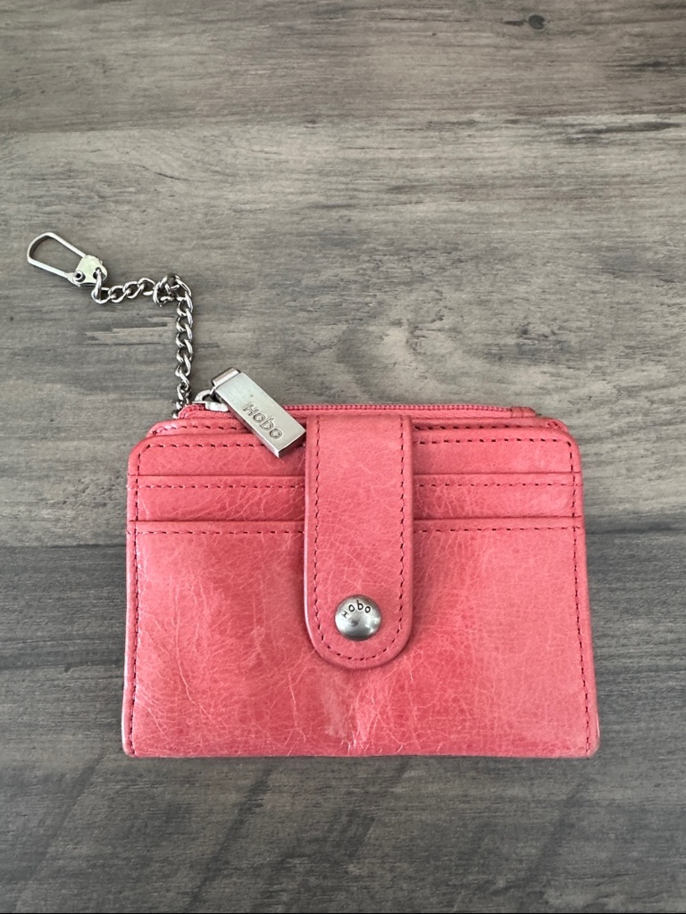 HOBO Coral Pink Leather Card Case with Keychain Clip